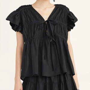 Merlette Mesa Blouse Top Solid Cotton Black Ruffle Bubble Sleeve XXS New